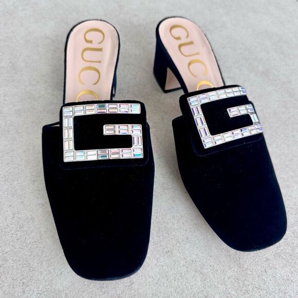 Gucci Madelyn Velvet Crystal Square G Mules Black Block Mid Heel EU 37.5 US 7.5 - Picture 11 of 11